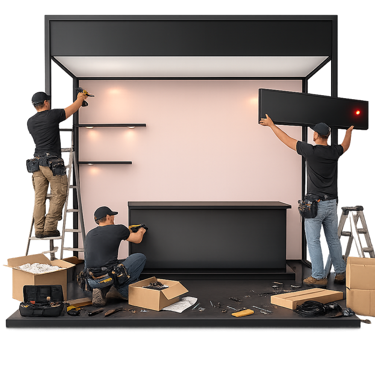 Our crew building and rigging the booth set