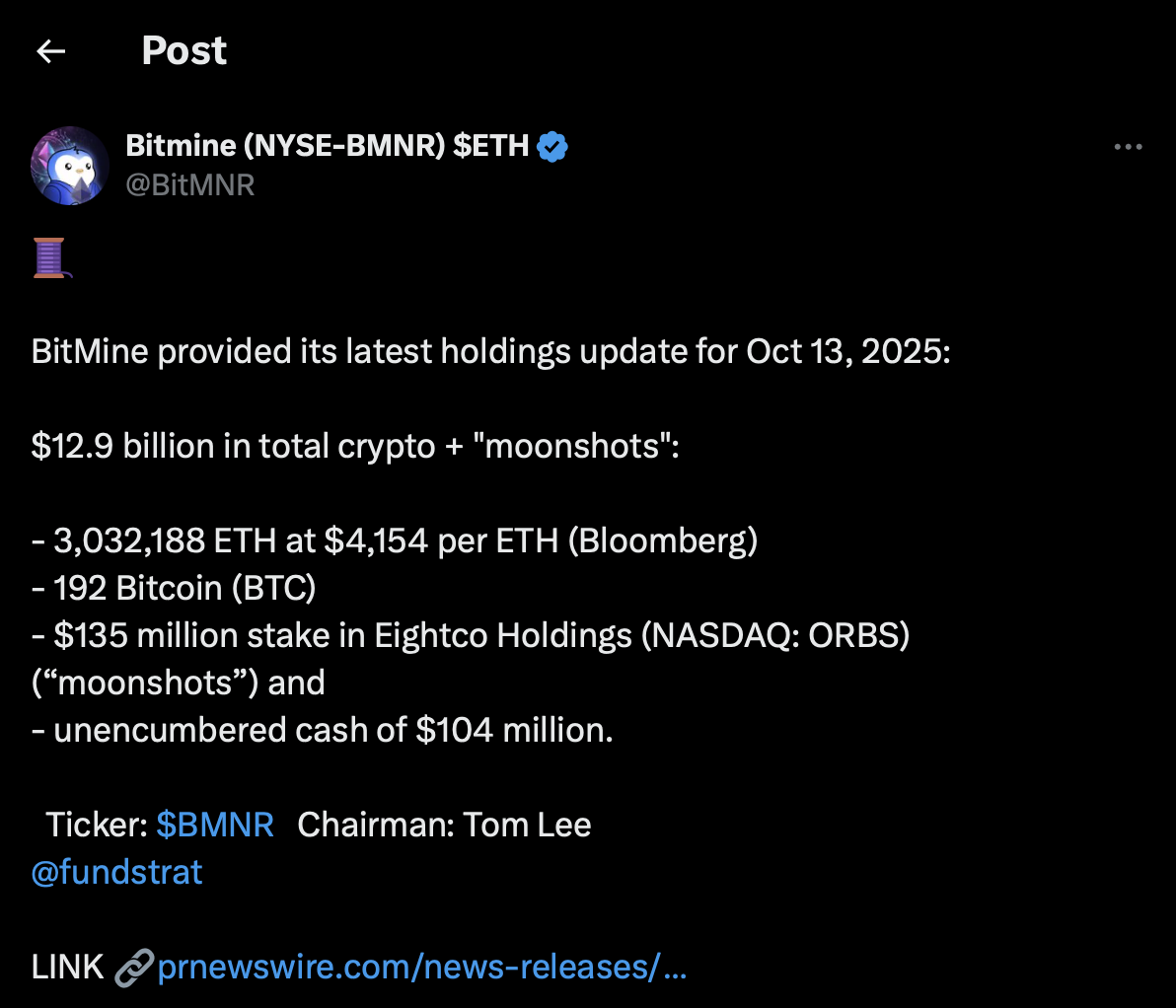 BitMine post on X (Formal Twitter)