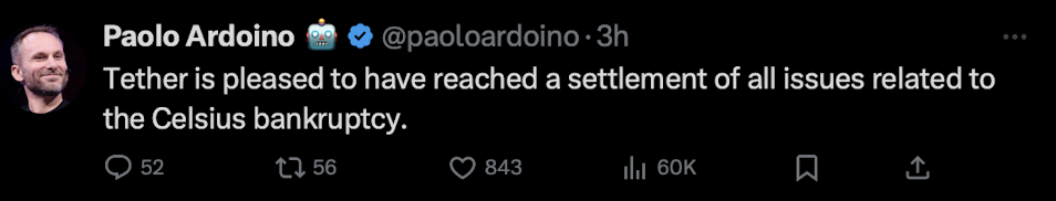Tether CEO Paolo Ardoino post on X (Formal twitter)