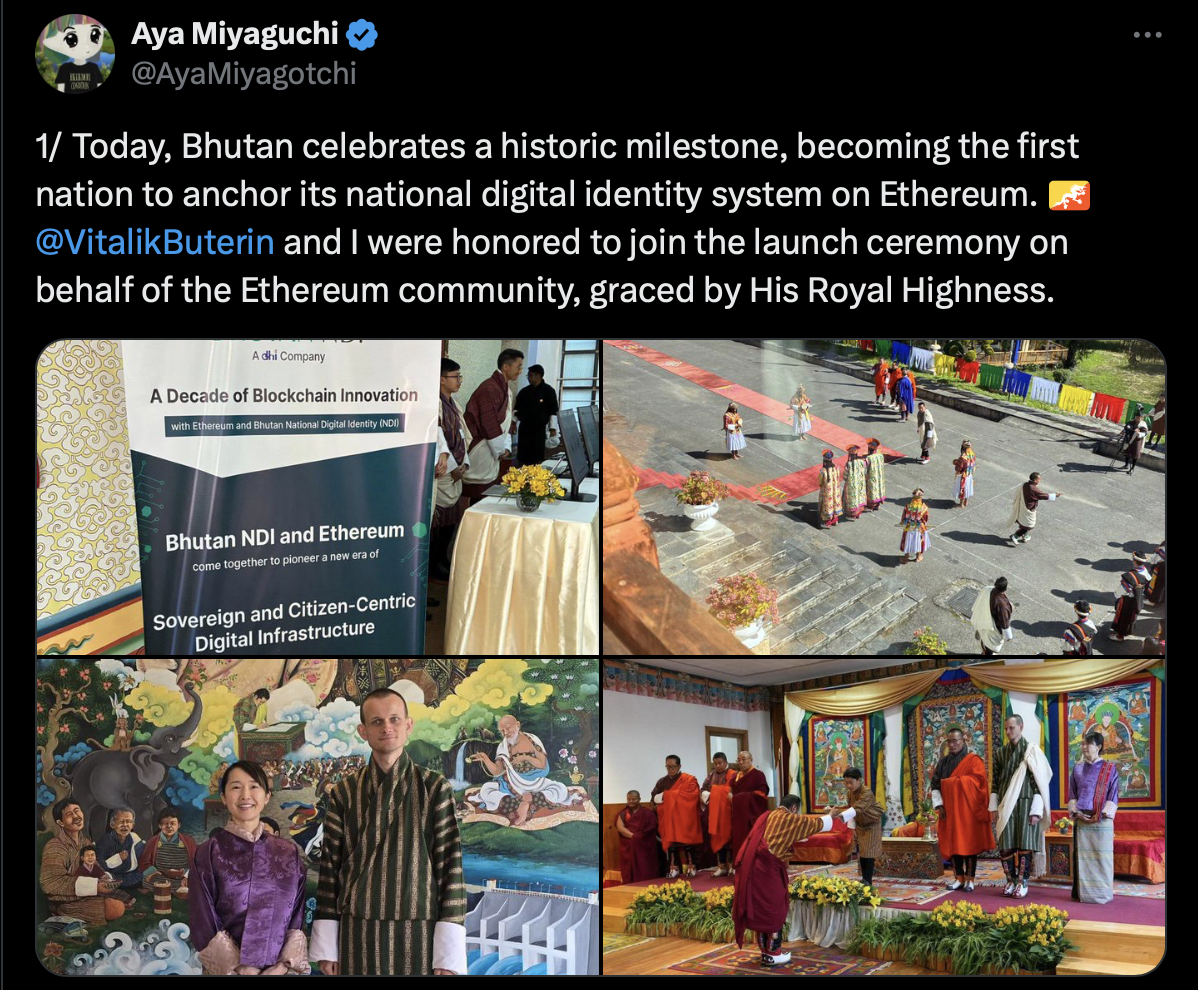 Aya Miyaguchi post on X (Formal Twitter) about Bhutan and ETH