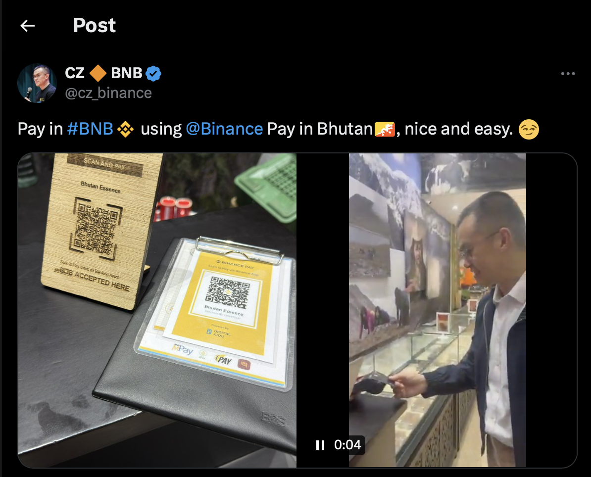 CZ post on X (Fromal Twitter) about Paying with BNB in Bhutan.