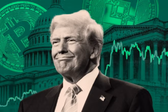 Donald Trump speaking at the 2024 Bitcoin Conference, symbolizing his embrace of cryptocurrency.