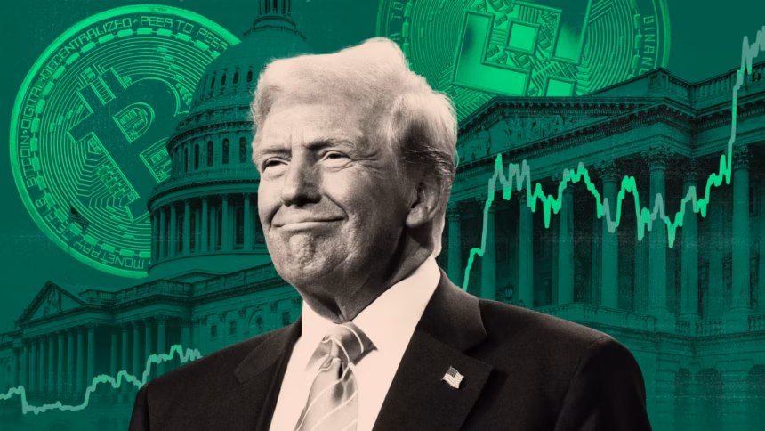 Donald Trump speaking at the 2024 Bitcoin Conference, symbolizing his embrace of cryptocurrency.