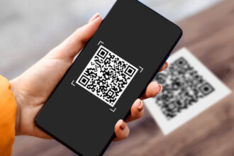 Customer using cryptocurrency payment via QR code at South African retail store