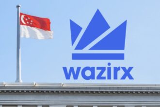 WazirX logo with Singapore High Court building, crypto theme
