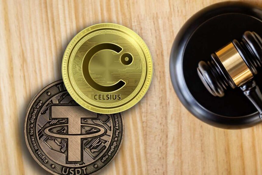 Tether and Celsius logos with $299.5 million settlement in crypto bankruptcy case