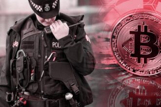 London Metropolitan Police logo and digital cryptocurrency icons