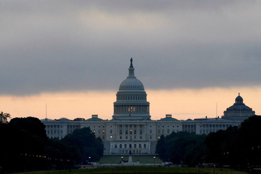 US Senate building with crypto symbols during government shutdown