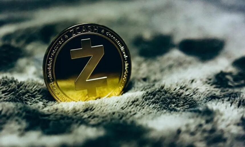 Zcash logo with price chart showing eight-year high