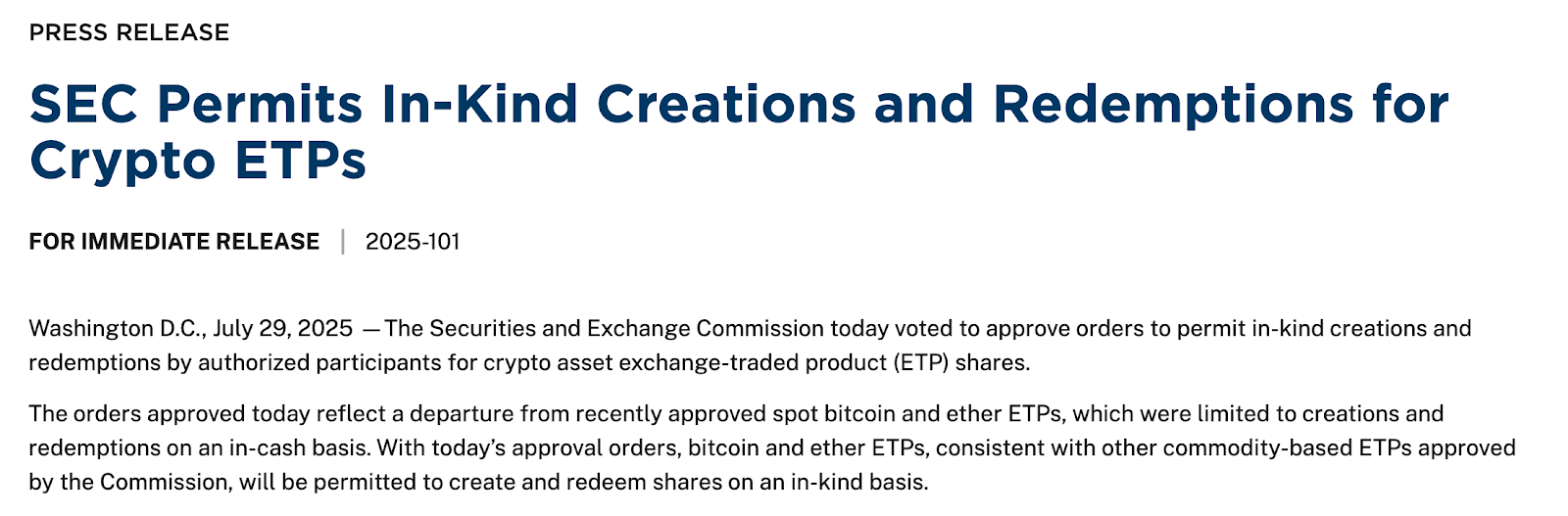 SEC press release permitting in-kind creations and redemptions for crypto ETPs.