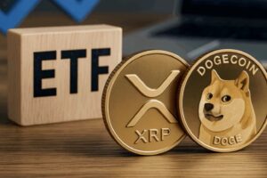 NYSE building with overlay text: Grayscale Dogecoin and XRP ETF Approval