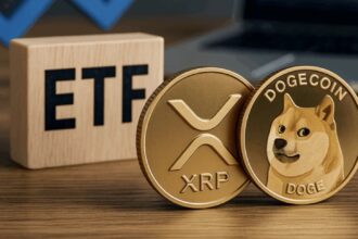 NYSE building with overlay text: Grayscale Dogecoin and XRP ETF Approval